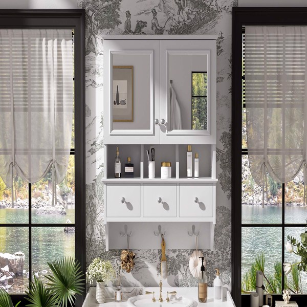 四合一浴室镜柜，24英寸壁挂式药柜，带抽屉和收纳挂钩，高清镜面，带浴室梳妆台储物空间--不支持self-pick up且不支持指定仓库发货-5