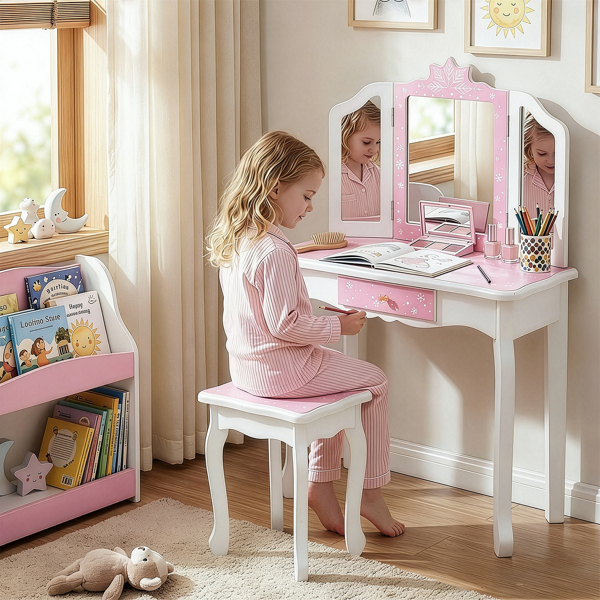  粉色 雪花 密度板喷漆 三折镜 单抽 梳妆桌套装 儿童 N201-7