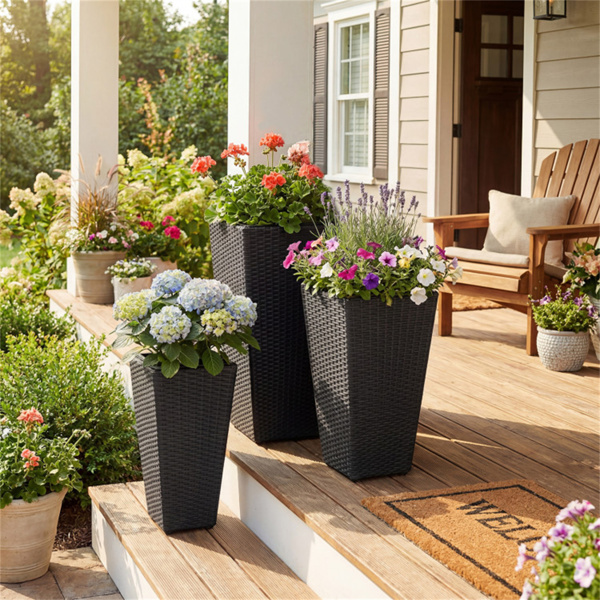 一套3个PP藤条花盆，带金属框架和内盆，可堆叠的室内外高花盆-7