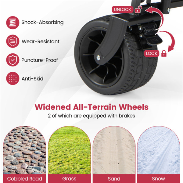 可折叠多功能车、可调节把手户外货车、带制动器的防刺穿车轮、可拆卸袋和侧袋 - 红色-6