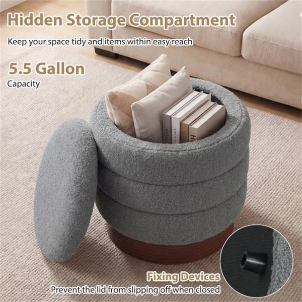 圆形旋转储物脚凳，带实木框架，无需组装，储物空间为5.5加仑-灰色-11