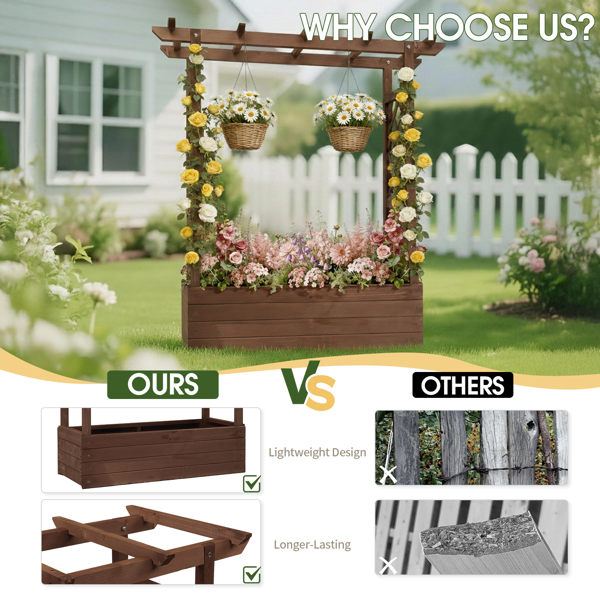 110*44.5*113CM 碳化色 带拱形格子 高架花园床 杉木 木种植-7