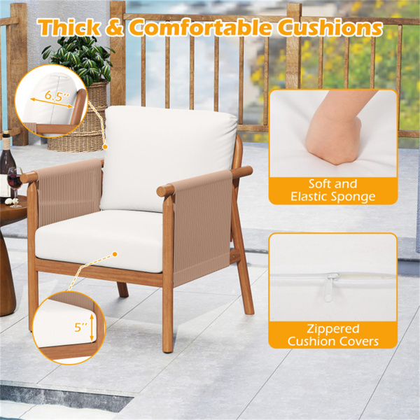 白色波西米亚庭院相思木椅，带编织绳扶手，门廊阳台用软垫户外装饰椅-7