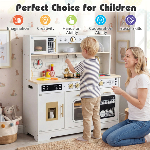 儿童木制游戏厨房，配有逼真的灯光和声音，为3岁幼儿提供假装制冰机和储物空间+ - 白色-11