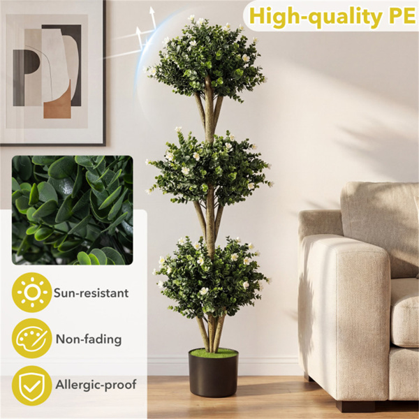 51英寸人工黄杨木修枝树，59朵花，逼真的人造常青植物-白色-9