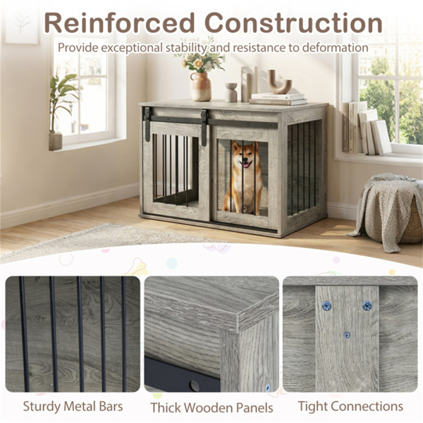 31.5英寸带滑动谷仓门的狗笼家具，室内使用的木制狗舍端桌 - 灰色-5