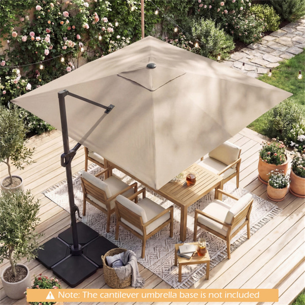 10x10英尺米色太阳能LED悬臂式露台伞360°旋转偏置带灯挂伞-10