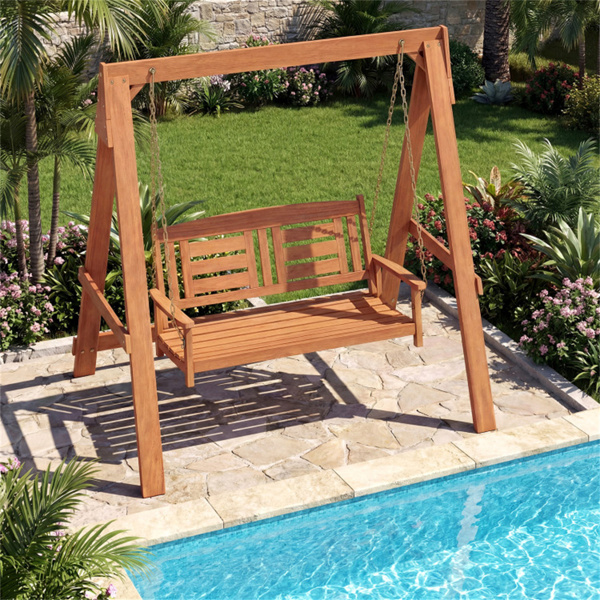 2人硬木门廊秋千，带支架，可容纳800磅的室外露台秋千，适用于花园池畔-8