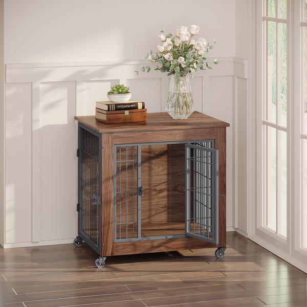 27.2英寸带轮宠物笼家具（适用于小型犬）——重型室内双门狗窝，木质宠物笼兼作边桌，坚固金属双门狗笼（专为缓解焦虑犬设计）--不支持self-pick up且不支持指定仓库发货-12