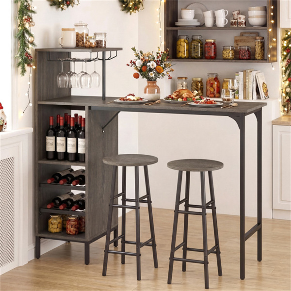 3PCS酒吧桌和凳子套装，葡萄酒储存（6瓶+酒杯架），橡木-2