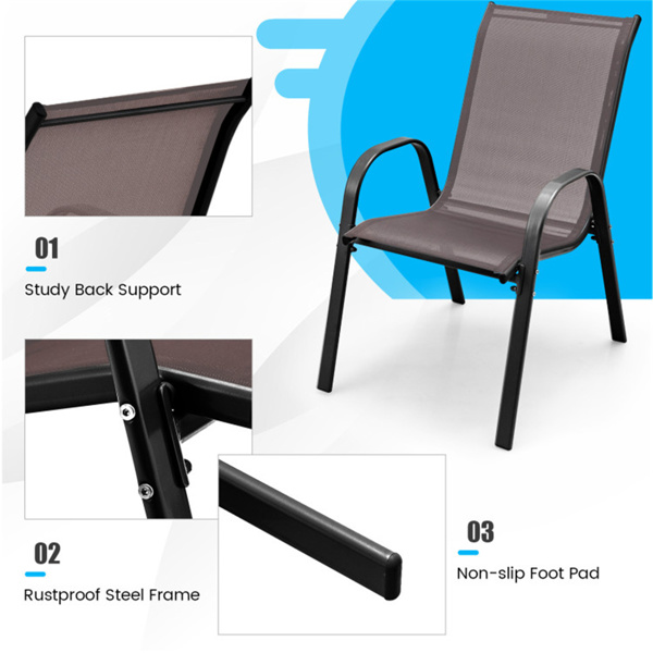 棕色2件套可堆叠的露台餐椅，符合人体工程学的钢架透气织物户外椅，容量330磅-5