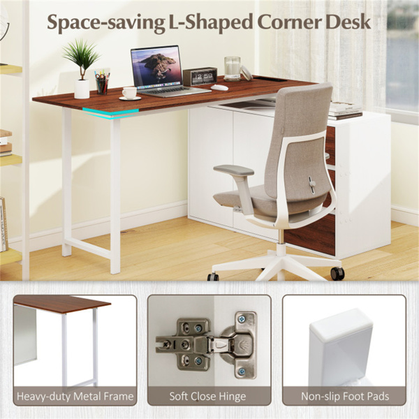 可逆L形办公桌，内置充电站，带抽屉和文件柜的家庭办公桌 - 白色-6