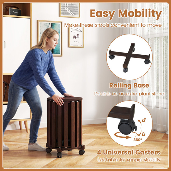 4件套可堆叠的嵌套凳，带可锁定的滚动底座，实心橡胶木餐凳，可额外就座-胡桃色-9