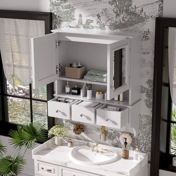 四合一浴室镜柜，24英寸壁挂式药柜，带抽屉和收纳挂钩，高清镜面，带浴室梳妆台储物空间--不支持self-pick up且不支持指定仓库发货-7