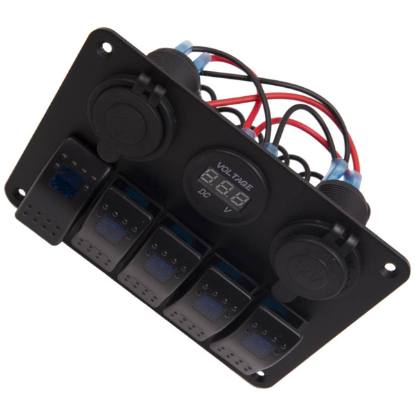 Quality 5 Gang On-Off LED Waterproof Circuit Rocker Toggle Switch Panel 2USB-3