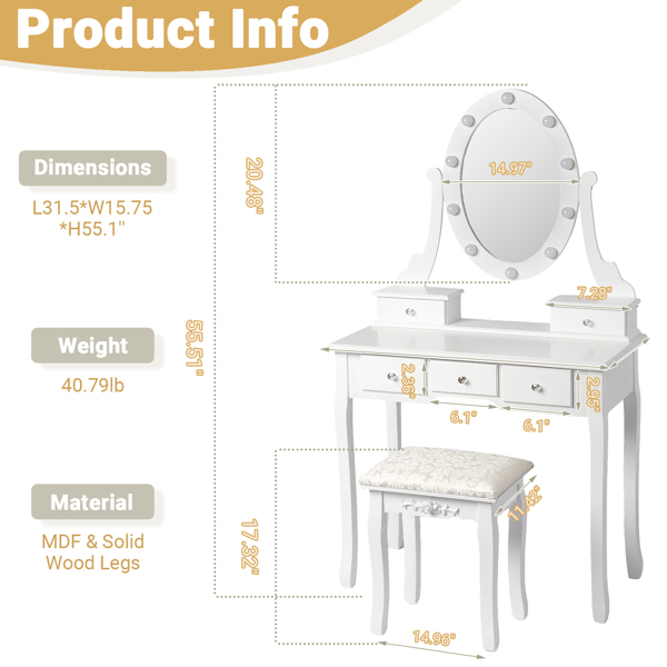 五抽单镜梳妆桌套装 欧式 带灯泡 白色=39757282,61588080-3