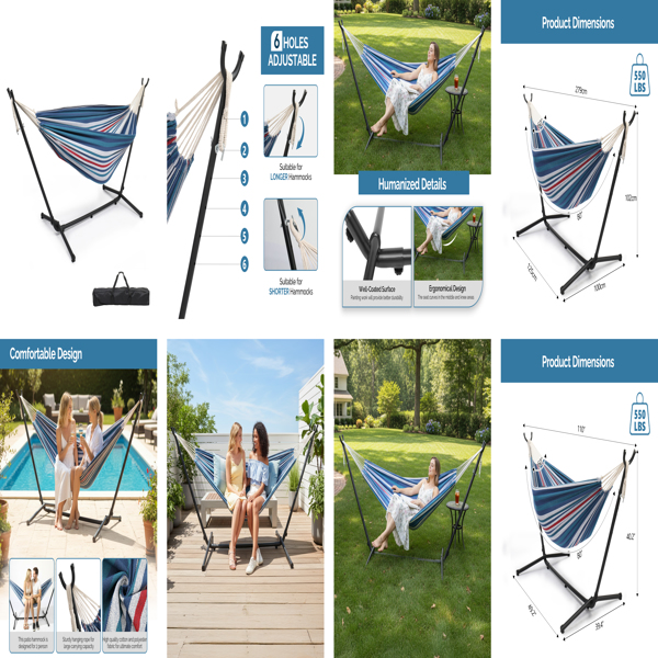 9FT 哑光黑架子 2*1.5M涤棉蓝紫条 吊床 钢管 吊床套装 330lb 牛津布收纳袋-9