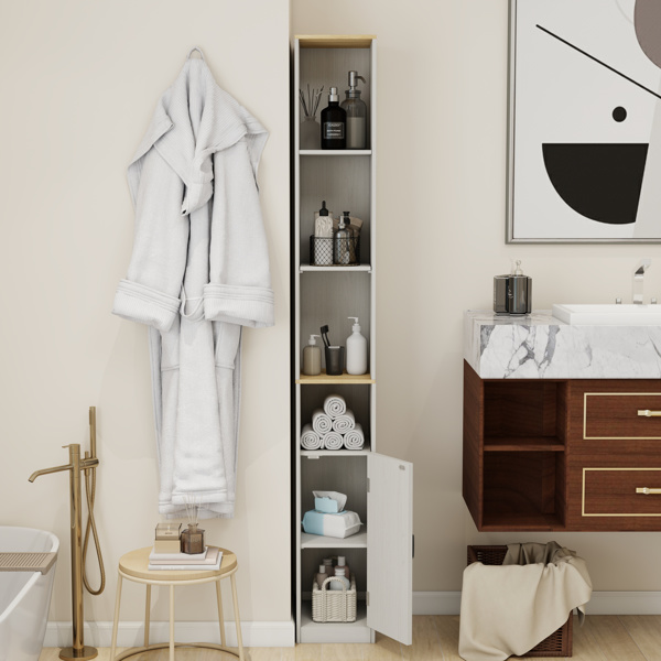 72英寸高纤薄储物柜，6层窄型独立式浴室柜，带1扇门和2个可调节搁板，书架展示储物架，立方体CD/DVD储物柜 - 复古白(不支持self-pick up且不支持指定仓库发货)-2