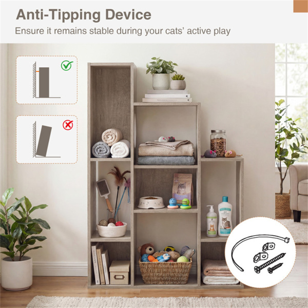 猫书架柜（灰色橡木），8个有序的存储区和多个攀爬平台-4