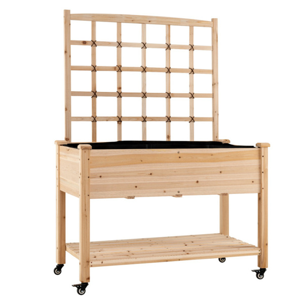 47英寸带棚架和滚轮的高架花园床，用于攀爬植物的移动式冷杉木种植箱-4
