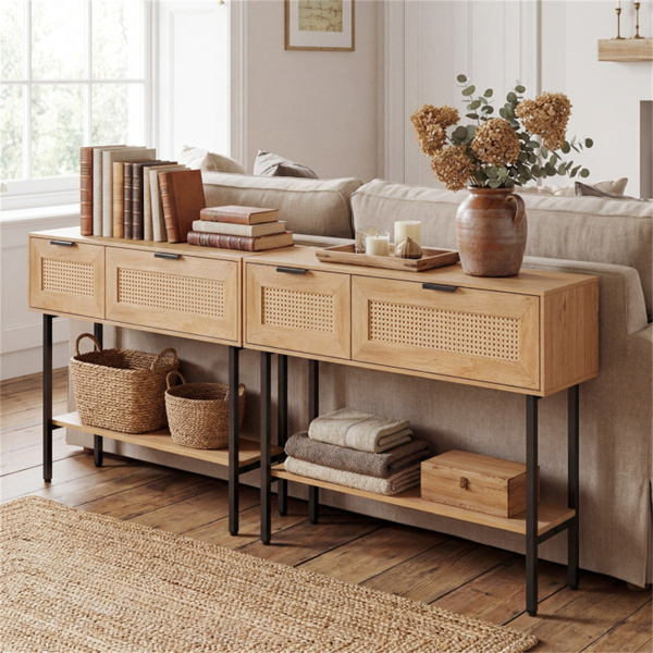 自然色藤条控制台桌，带储物柜和开放式架子，40英寸入口桌，带坚固的碳钢框架，适用于客厅、走廊、沙发桌-7