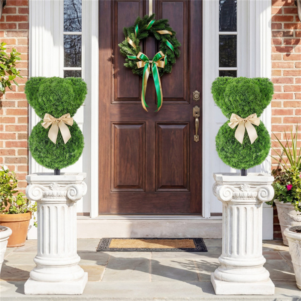 2件套奇形怪状的熊树人造黄杨木绿色金蝴蝶结室内外春季装饰-3