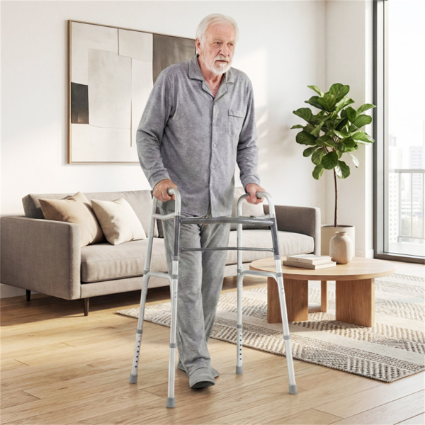 银色可折叠步行车，2按钮折叠机构和7级可调高度（30“-36”），容量350LBS-8