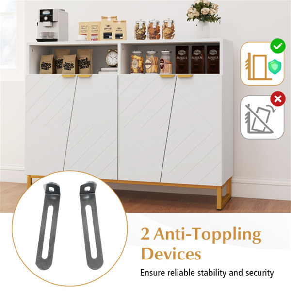 白色现代侧板，带不规则门和金色把手，2个开架和双双门橱柜-6