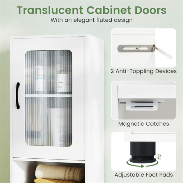 67英寸高瘦浴室储物柜，带槽门，可调节架子，独立式窄收纳架 - 白色-8