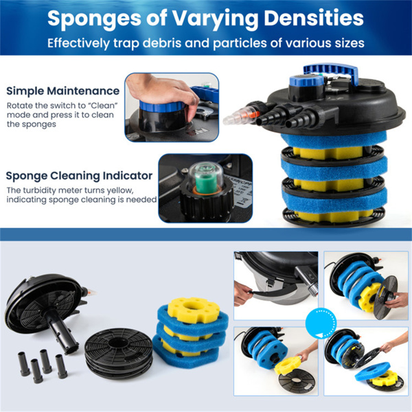 池塘压力过滤器，4个可拆卸的过滤海绵和清洁指示器，最大流速4000 GPH-10