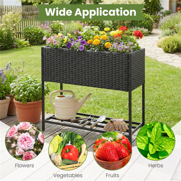 28英寸高架花盆箱，带储物架，符合人体工程学的花园床，用于露台阳台香草蔬菜 - 黑色-4