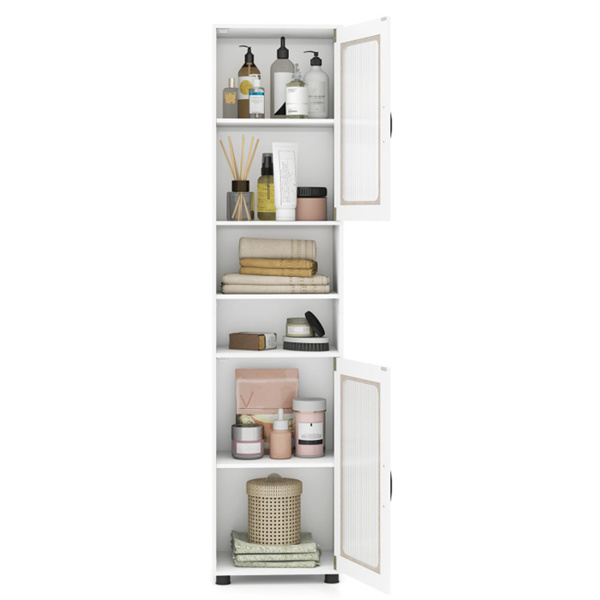 67英寸高瘦浴室储物柜，带槽门，可调节架子，独立式窄收纳架 - 白色-5