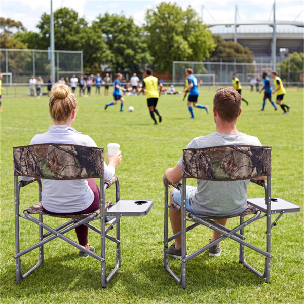 400LBS重型折叠露营椅，带边桌和杯架，户外带衬垫的董事椅-迷彩色-9
