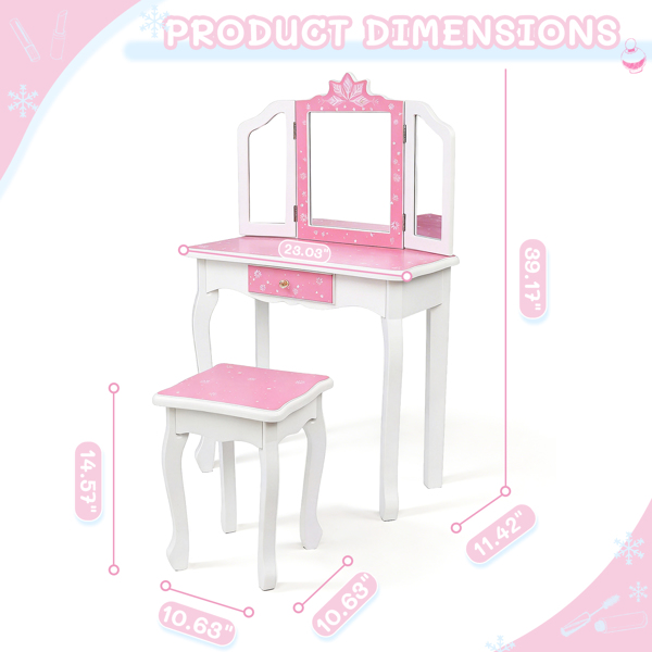  粉色 雪花 密度板喷漆 三折镜 单抽 梳妆桌套装 儿童 N201-3