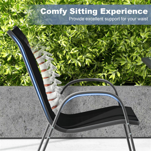 黑色2件套可堆叠的露台餐椅，符合人体工程学的钢架透气织物户外椅，容量330磅-8
