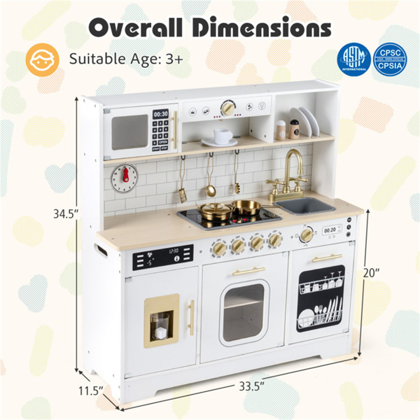 儿童木制游戏厨房，配有逼真的灯光和声音，为3岁幼儿提供假装制冰机和储物空间+ - 白色-6