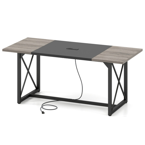 71英寸会议桌，内置充电站，办公和协作用大会议室桌 - 橡木色-3