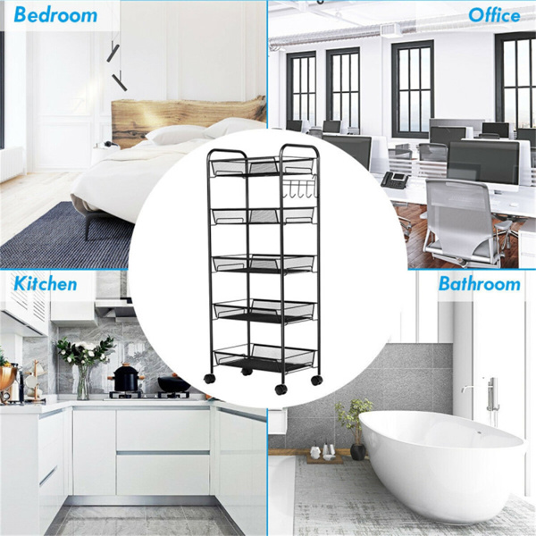 黑色5层网眼滚动车，带5个篮子和5个挂钩，可锁定通用轮-10