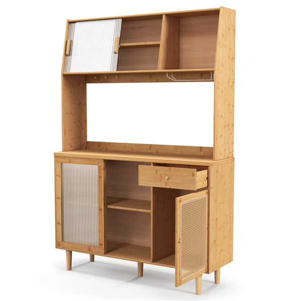 69英寸竹制厨房橱柜，配钢化玻璃门、额外储物空间及防倾倒设计-3