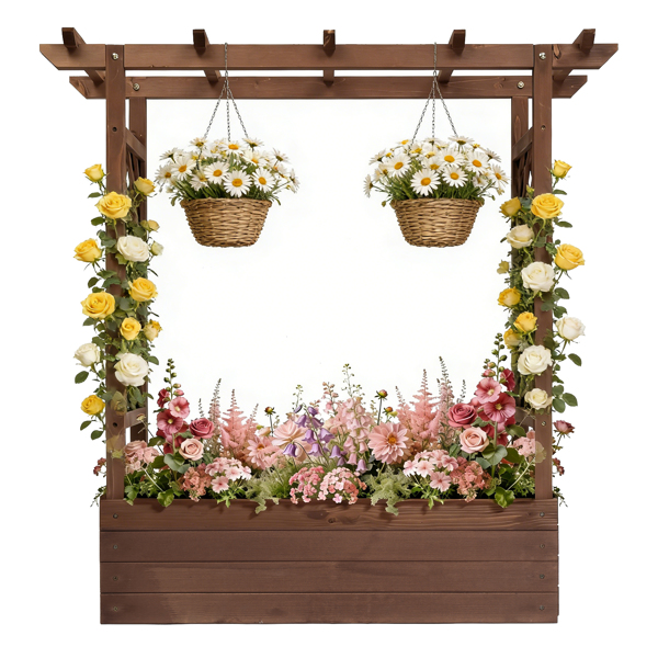 110*44.5*113CM 碳化色 带拱形格子 高架花园床 杉木 木种植-8