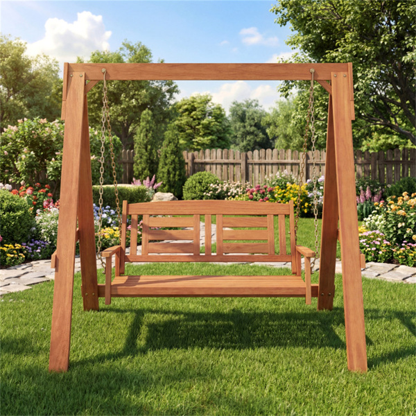 2人硬木门廊秋千，带支架，可容纳800磅的室外露台秋千，适用于花园池畔-3