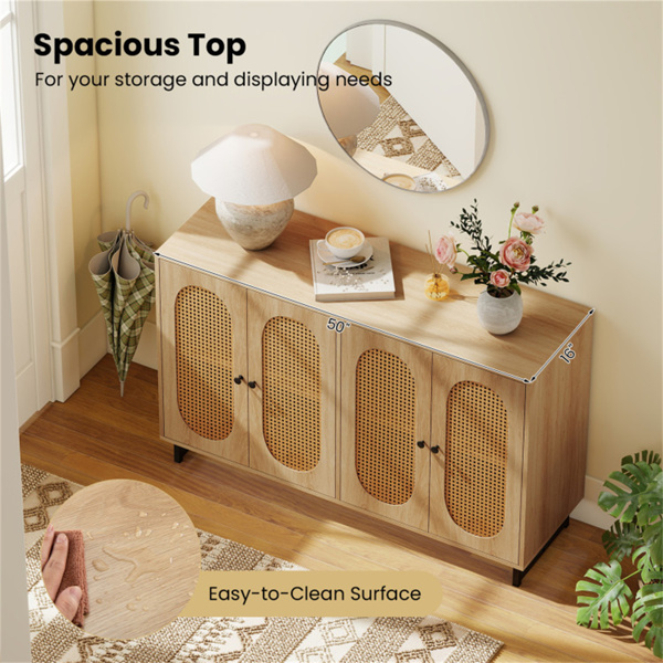 天然PE藤条大自助餐边板（50英寸），4门设计，带可拆卸可调节架子-9