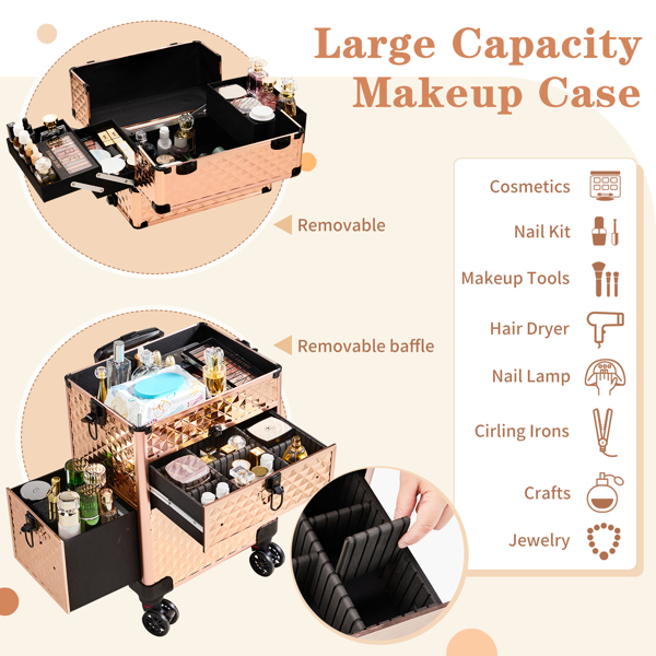 2合一带滑轨前抽 平面左抽可拆卸万向轮 铝制 钻石纹 香槟金 化妆箱 34*24*72.5cm-6