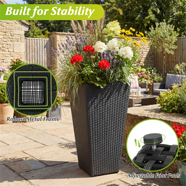 一套3个PP藤条花盆，带金属框架和内盆，可堆叠的室内外高花盆-8