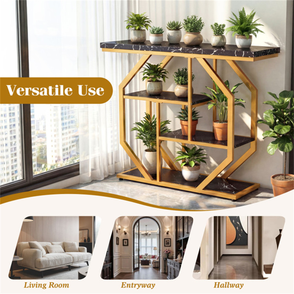 39.5英寸现代沙发桌，带4层储物空间，黑色和金色控制台桌，带人造大理石台面，用于客厅入口-8