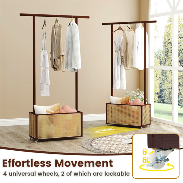 二合一竹制衣架，带滚轮和60L储物篮-棕色-8