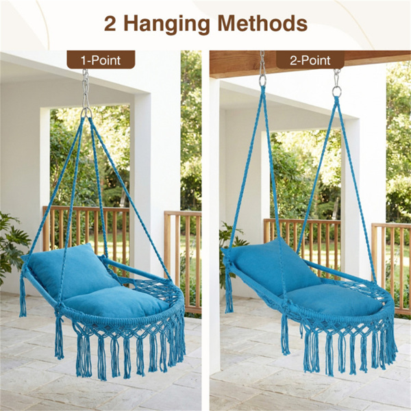 波西米亚流苏结 秋千带2个软垫的悬挂秋千椅，可容纳330磅的吊床椅，适用于室内室外卧室露台阳台-海军蓝-2