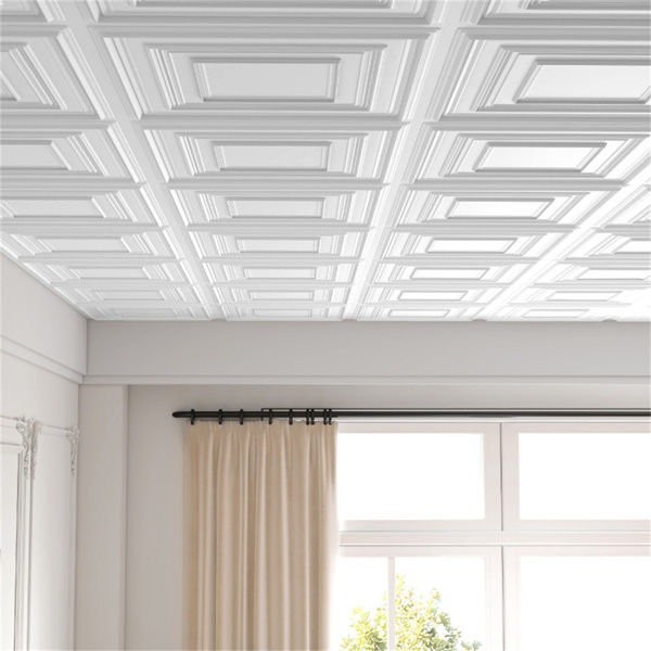 12块24英寸x 24英寸PVC吊顶瓷砖，适用于家庭办公室的防水3D纹理天花板-6