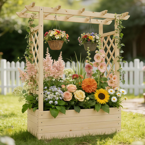 110*44.5*113CM 原木色 带拱形格子 高架花园床 杉木 木种植-17