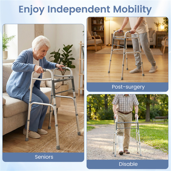 银色可折叠步行车，2按钮折叠机构和7级可调高度（30“-36”），容量350LBS-12